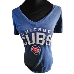 Chicago Cubs Women's V-Neck T-Shirt Blue Heather MLB Baseball Tee Size Small